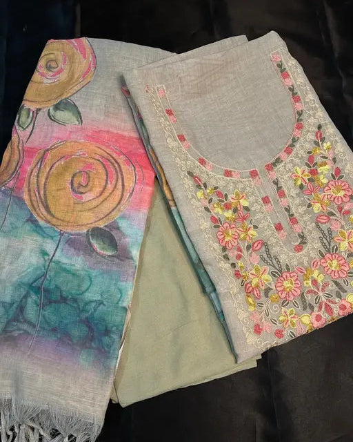 Linen Suit with Kashmiri Work 1