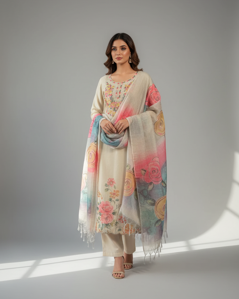 Linen Suit with Kashmiri Work 1