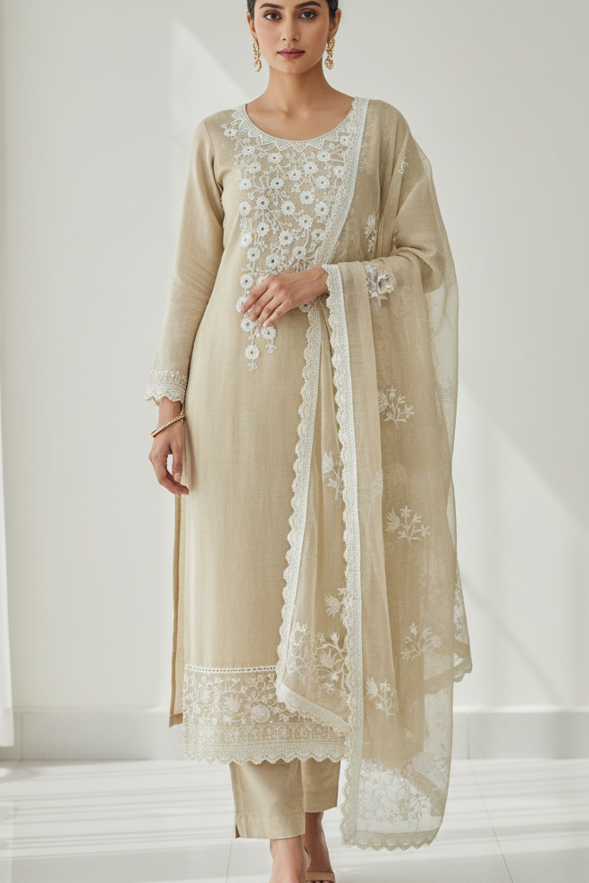 Model wearing beige suit - clean sleeves and trouser