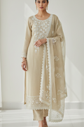 Model wearing beige suit - clean sleeves and trouser