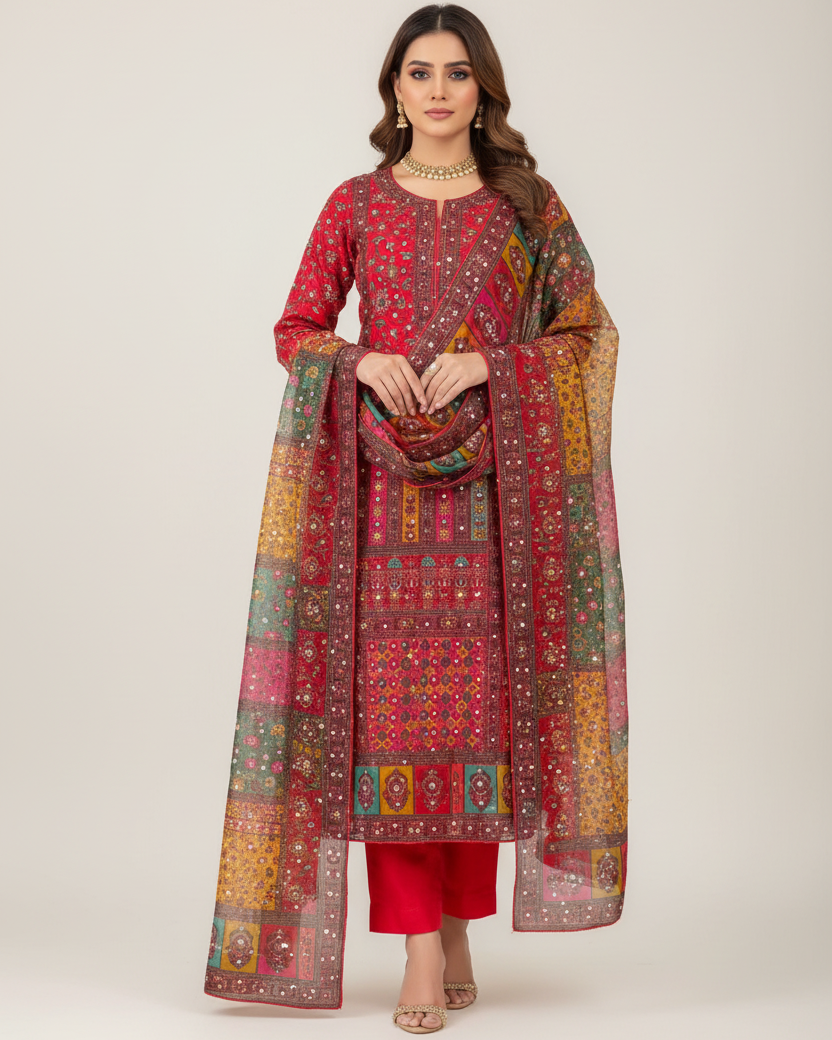 Professional model photoshoot of embellished mirror work suit