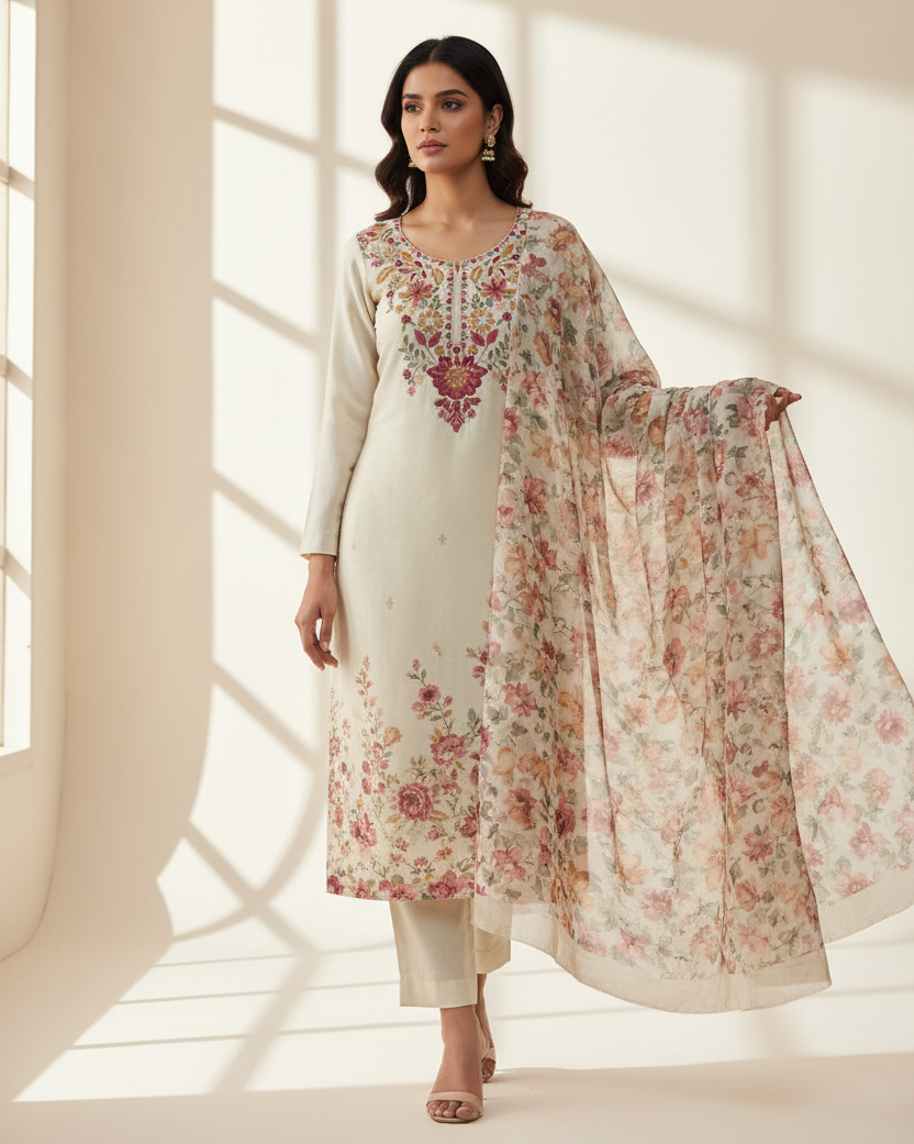 Professional model photoshoot of floral embroidered suit with plain sleeves