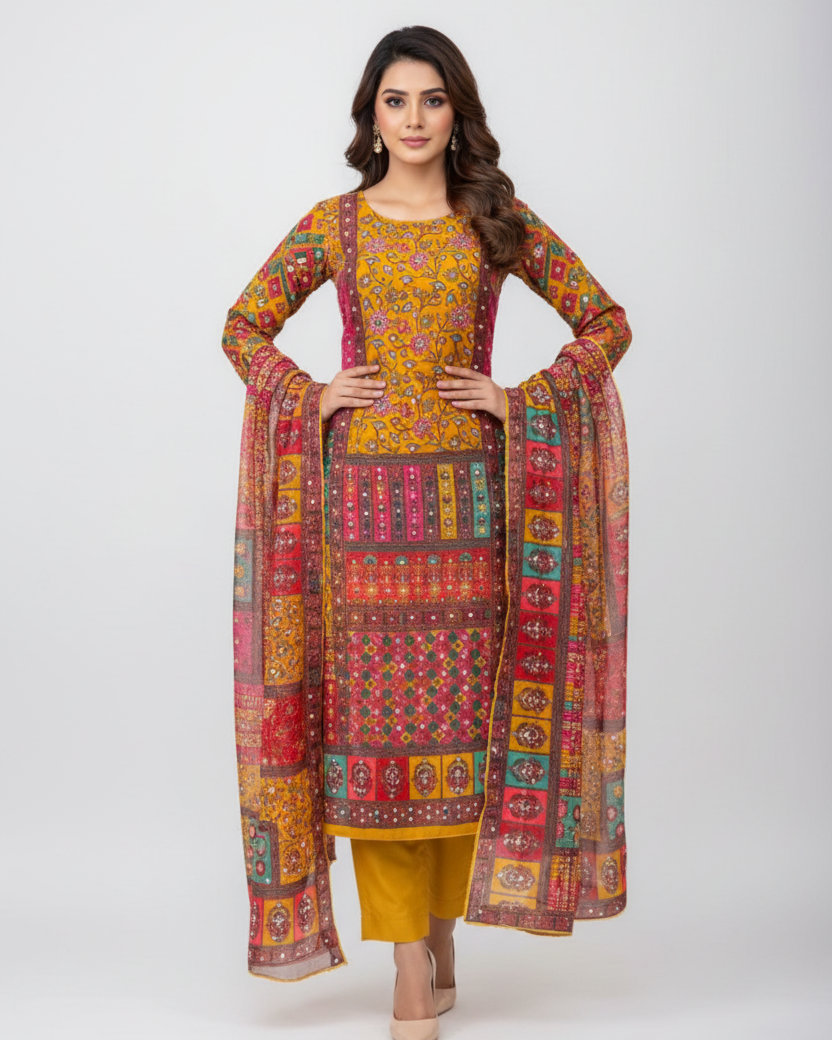 Professional model photoshoot of mirror work suit with printed sleeves